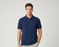 Model wearing navy blue polo shirt